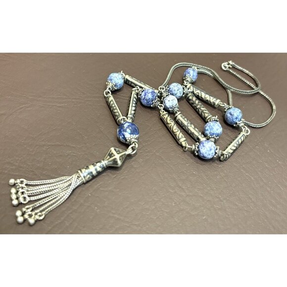 800 & 925 Silver Sodalite Prayer? Tassel Foxtail Chain Bali Beads Necklace 27” - Picture 2 of 12